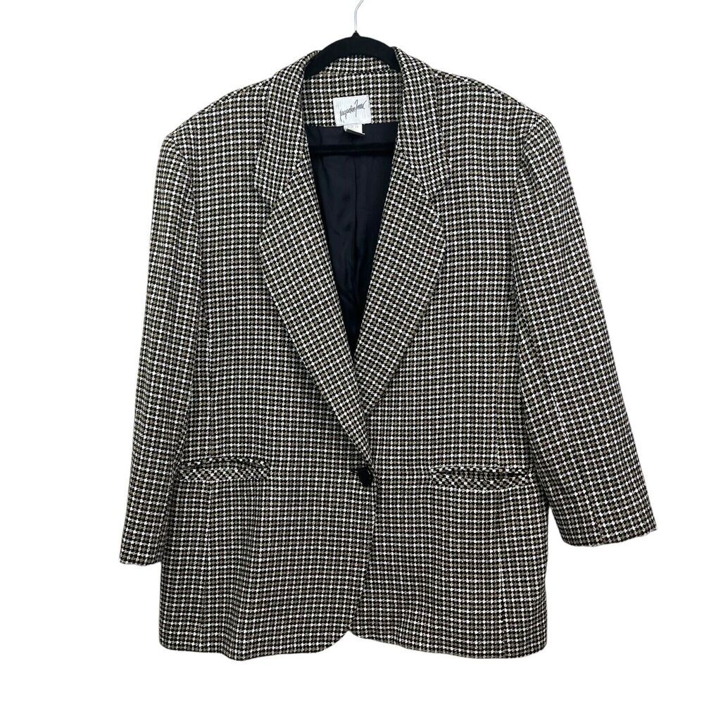 Jacqueline Ferrar Women Wool Blazer Houndstooth‎ Single Button Lined Pockets 18